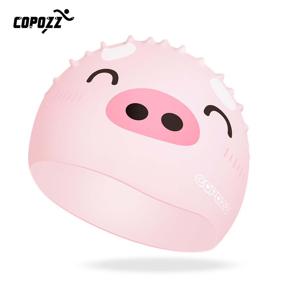 COPOZZ Kids swimming caps Cartoon Cute pig cat for Boys&Girls Elastic Waterproof Ear Protection 4-12y Swim Pool Hat one size