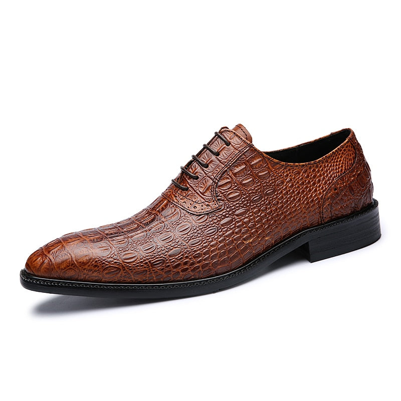 Alligator Style Mens Wedding Shoes Lace Up Oxford Genuine Leather Crocodile Print Party Business Brown Dress Shoes for Men