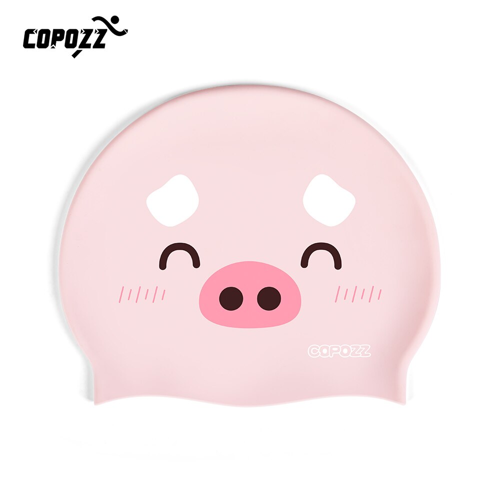 COPOZZ Kids swimming caps Cartoon Cute pig cat for Boys&Girls Elastic Waterproof Ear Protection 4-12y Swim Pool Hat one size