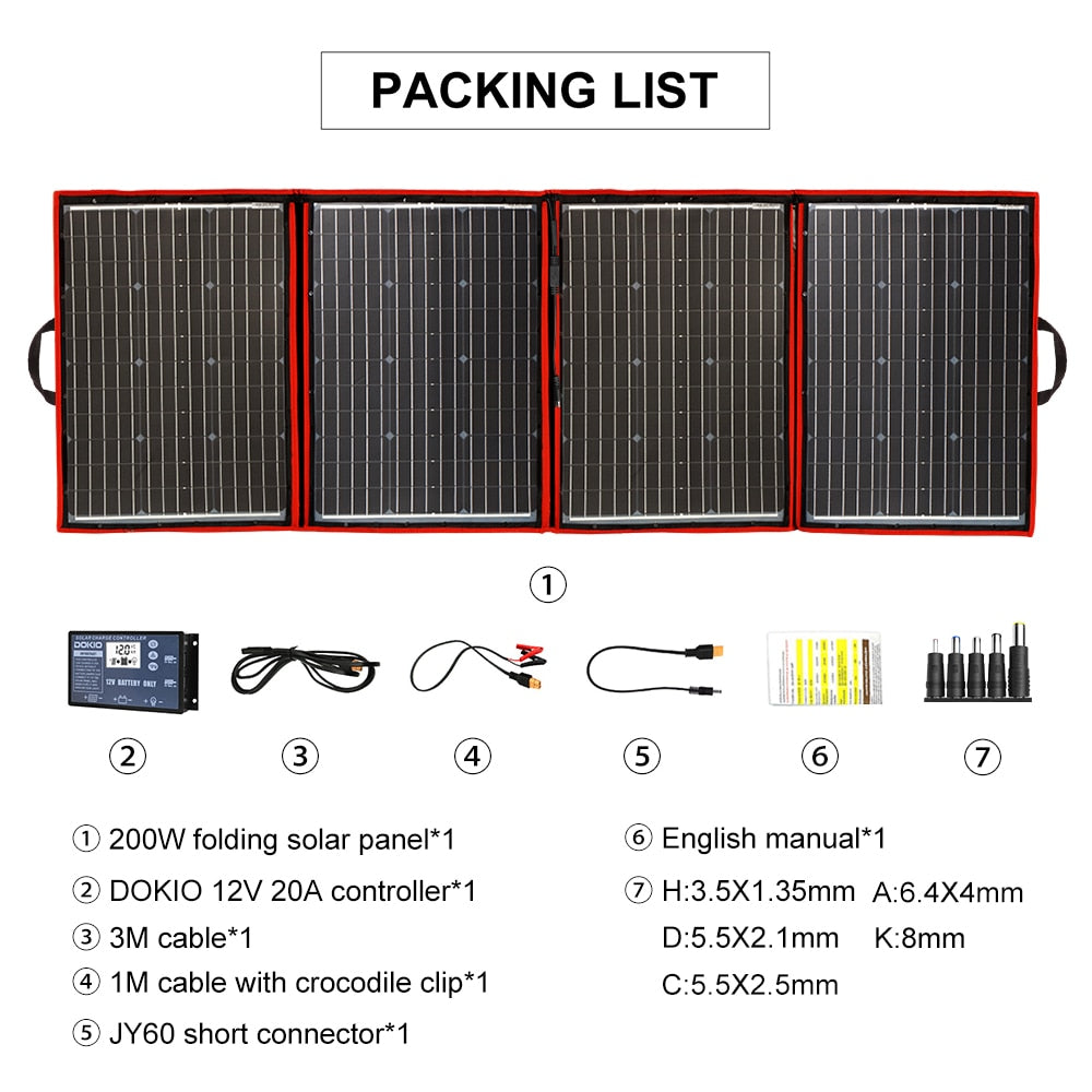 Dokio Brand Flexible Foldable 200W(50Wx4) Mono Solar Panel High Power Portable Solar Panel For RV&Boat&Travel Solar Panel 200W