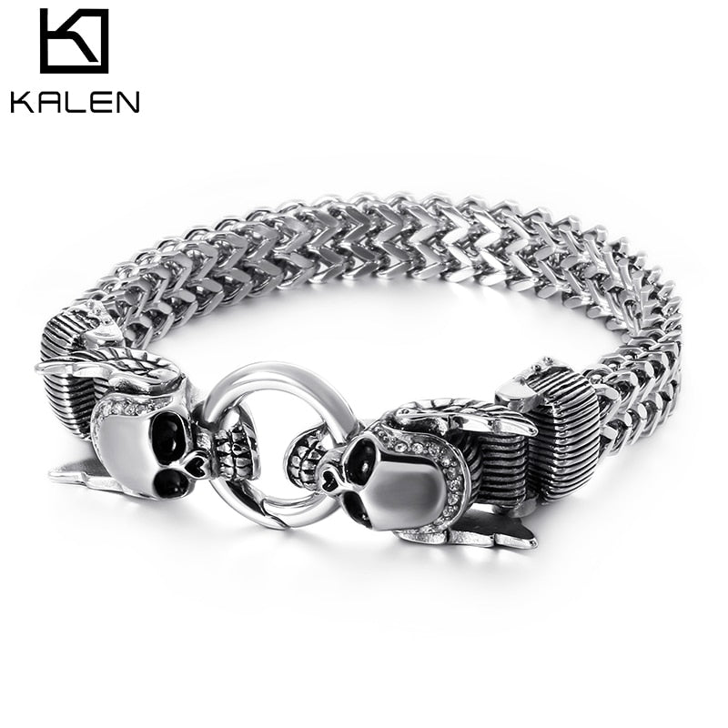 Kalen Gothic Halloween 23cm Chunky Mesh Chain Bracelet For Men Punk Skull Charm Bracelet Stainless Steel Skeleton Accessories J