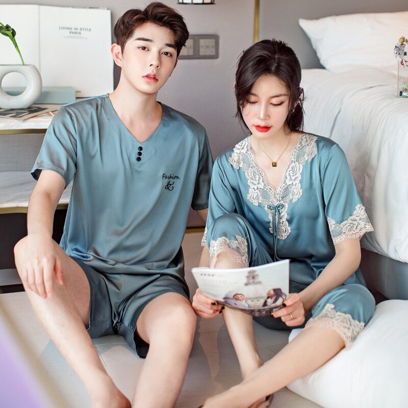 Silk Pajama Sets Sleepwear Suits Short Couples Pyjamas Male Satin Men's Pajamas Casual Sleepwear Men's Summer XXXL