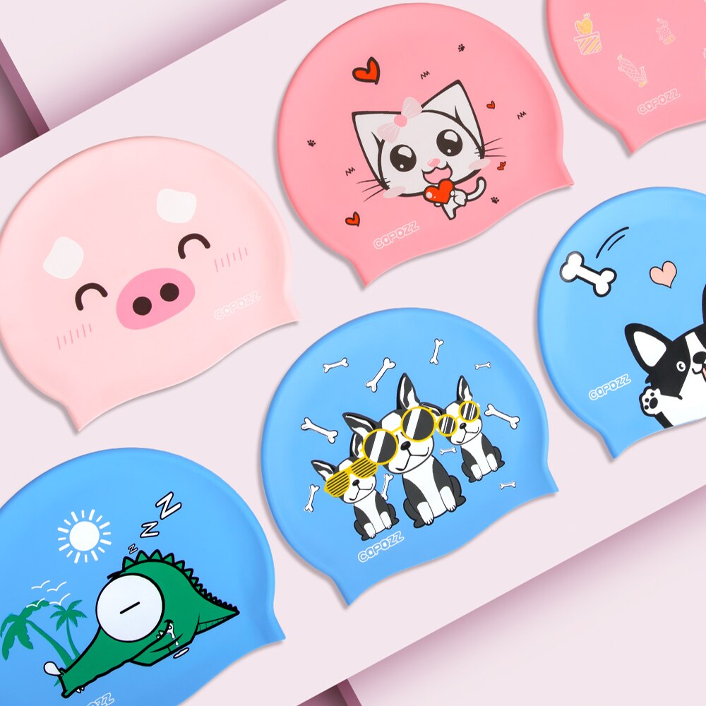 COPOZZ Kids swimming caps Cartoon Cute pig cat for Boys&Girls Elastic Waterproof Ear Protection 4-12y Swim Pool Hat one size