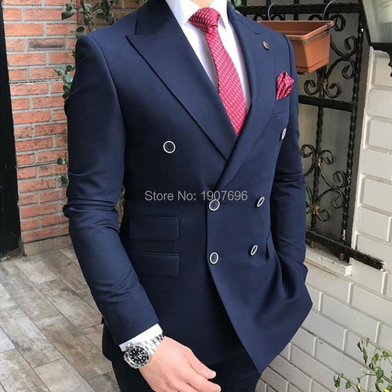 Double Breasted Slim Fit Men Suits for Groomsmen 2 Piece Wedding Tuxedo with Peaked Lapel Gray Male Fashion Costume Jacket Pants
