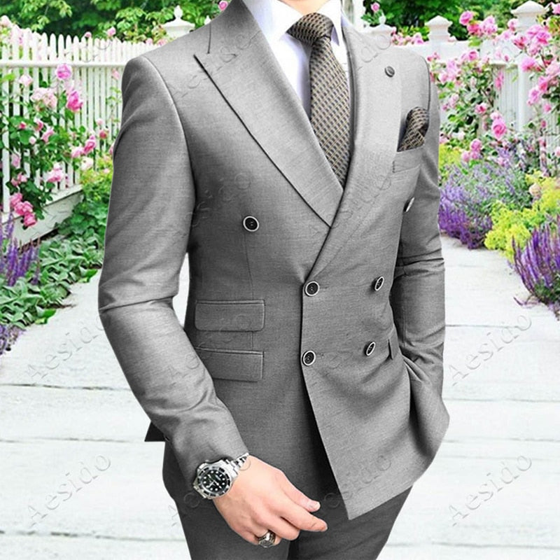 Double Breasted Slim Fit Men Suits for Groomsmen 2 Piece Wedding Tuxedo with Peaked Lapel Gray Male Fashion Costume Jacket Pants