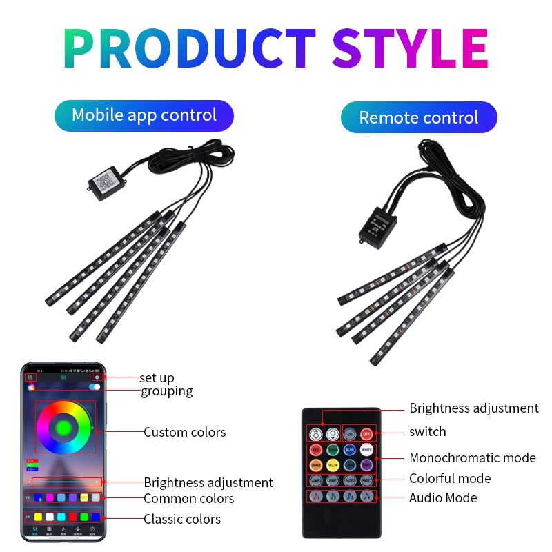 Led Car Foot Ambient Light With USB Neon Mood Lighting Backlight Music Control App RGB Auto Interior Decorative Atmosphere Light