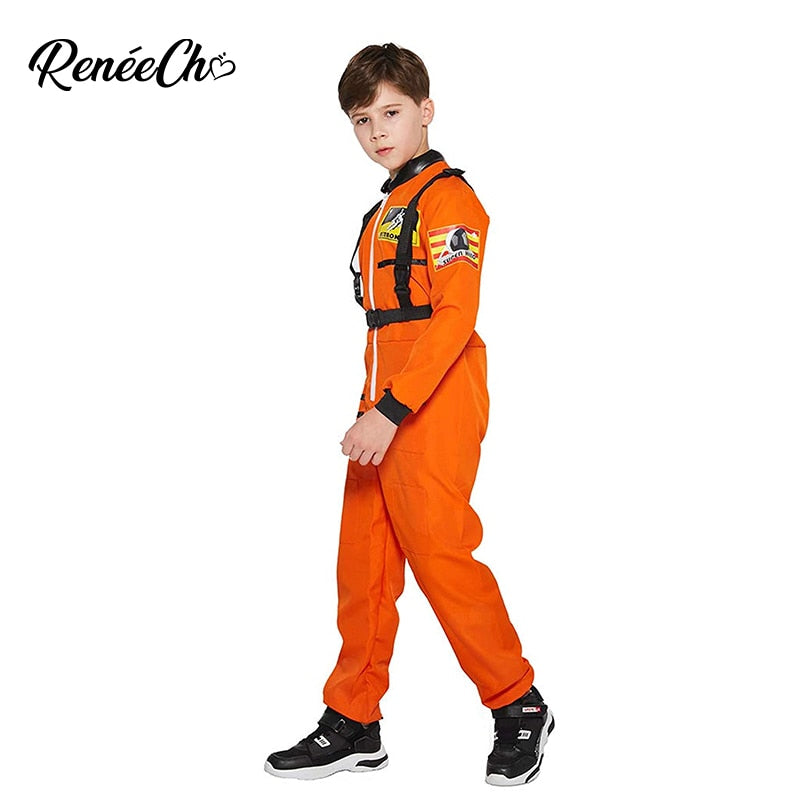 Reneecho Kids Space Astronaut Costume Boys Orange Astronaut Cosplay Sliver Spaceman Costume For Halloween