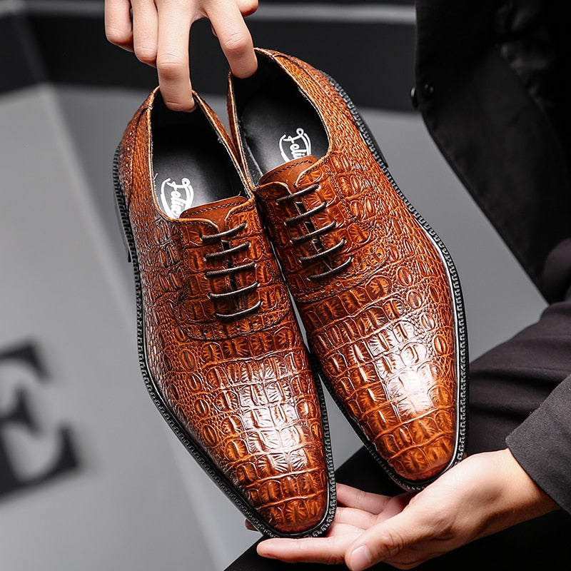 Alligator Style Mens Wedding Shoes Lace Up Oxford Genuine Leather Crocodile Print Party Business Brown Dress Shoes for Men