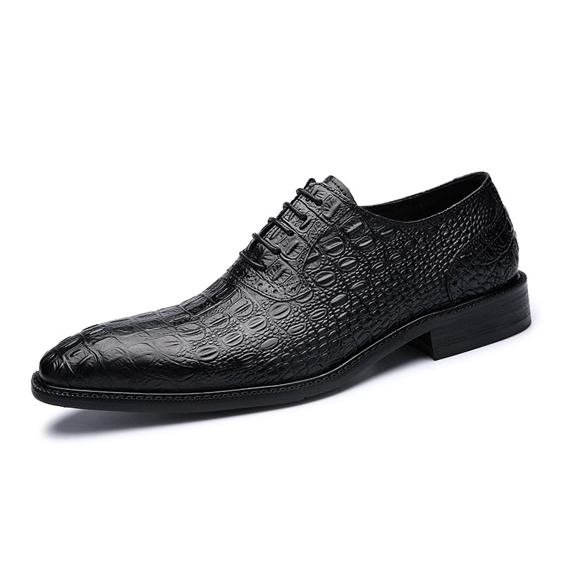 Alligator Style Mens Wedding Shoes Lace Up Oxford Genuine Leather Crocodile Print Party Business Brown Dress Shoes for Men