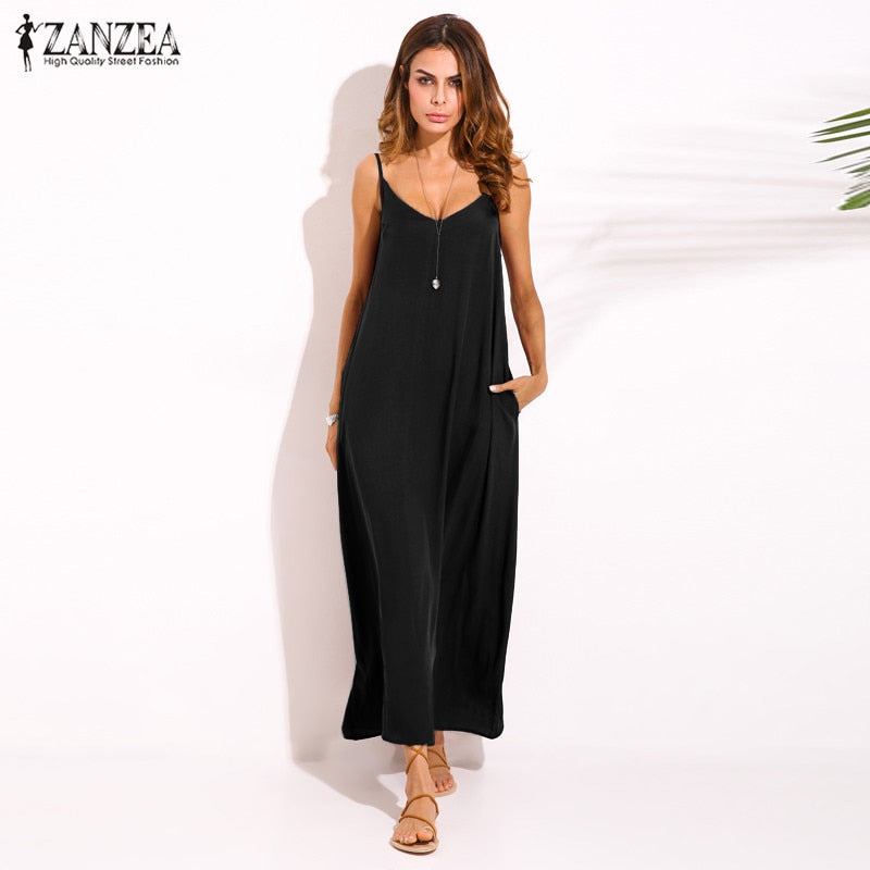 Vestidos 2023 Summer ZANZEA Women Strapless Sexy V Neck Sleeveless Dress Casual Loose Long Maxi Solid Dress White Oversized