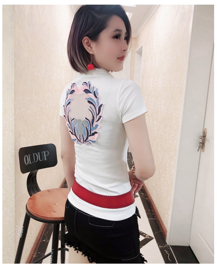 Polo Shirt Women Summer Short Sleeve Appliques Embroidery Cotton Slim Zipper Top t-shirt Clothes Camiseta Mujer T93728