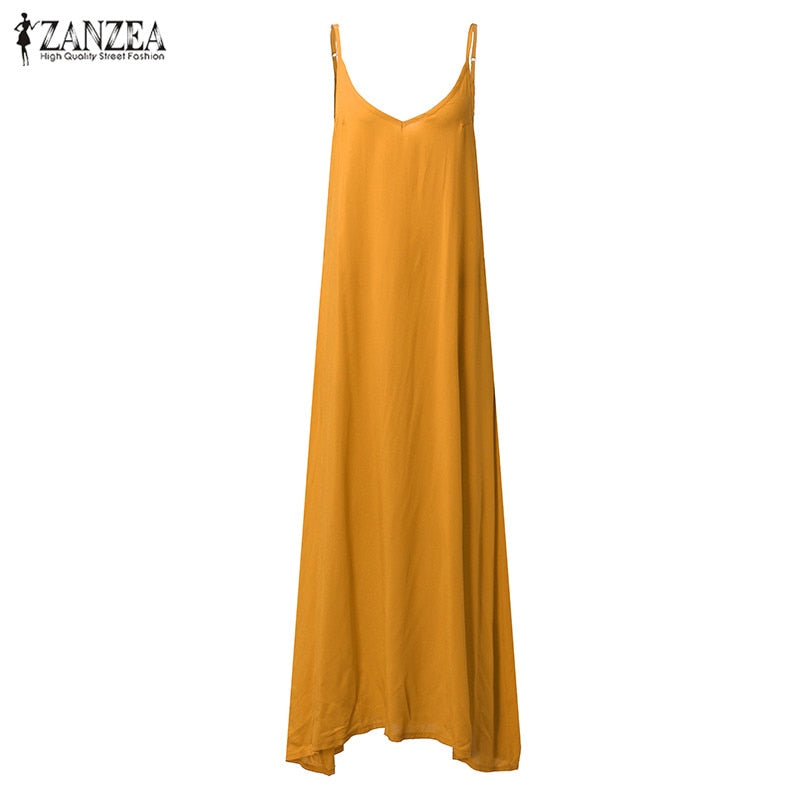 Vestidos 2023 Summer ZANZEA Women Strapless Sexy V Neck Sleeveless Dress Casual Loose Long Maxi Solid Dress White Oversized