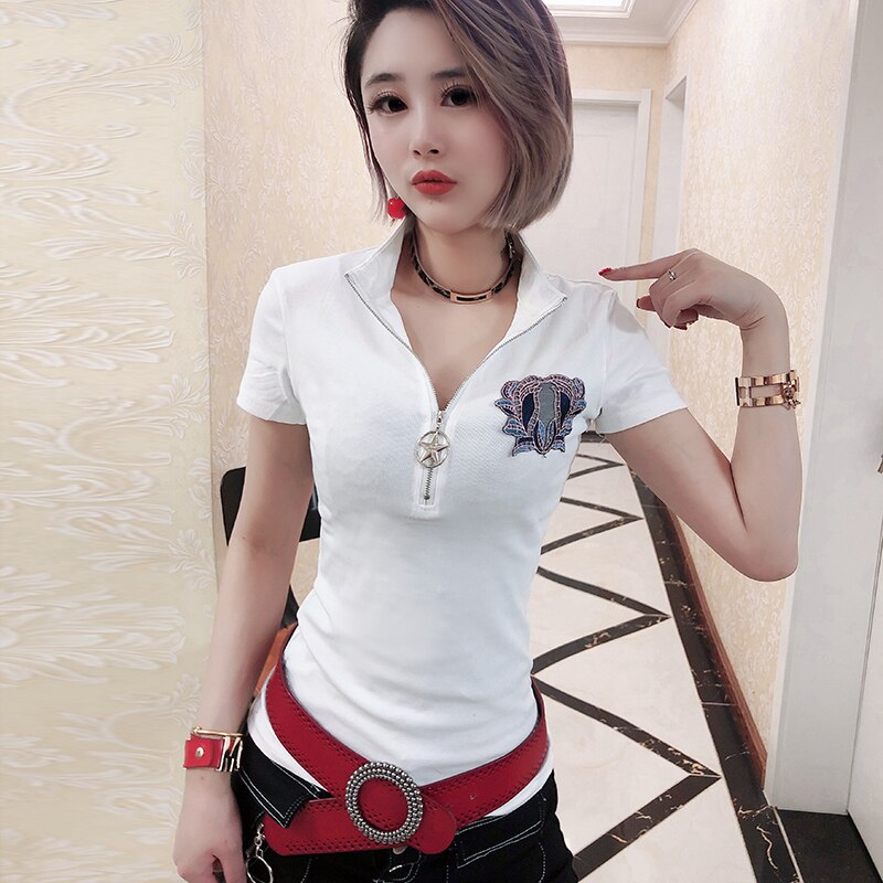 Polo Shirt Women Summer Short Sleeve Appliques Embroidery Cotton Slim Zipper Top t-shirt Clothes Camiseta Mujer T93728