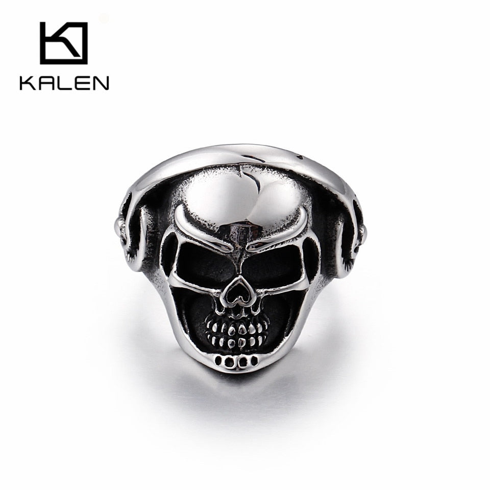 KALEN Punk Skull Rings For Men Size #8-12 Stainless Steel Gothic Skull Biker Rings High Quality Halloween Jewelry
