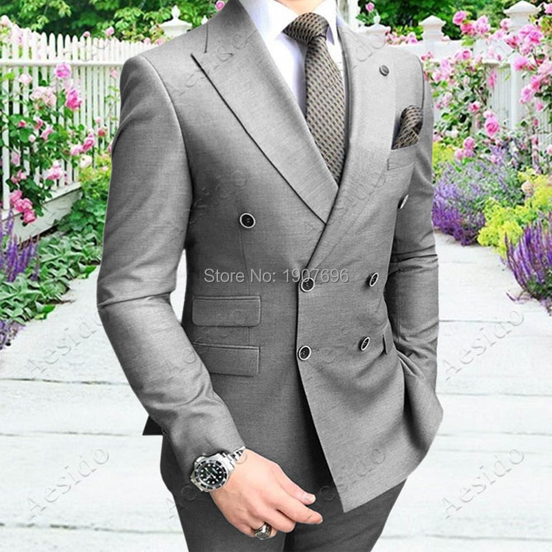 Double Breasted Slim Fit Men Suits for Groomsmen 2 Piece Wedding Tuxedo with Peaked Lapel Gray Male Fashion Costume Jacket Pants
