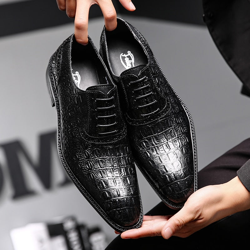 Alligator Style Mens Wedding Shoes Lace Up Oxford Genuine Leather Crocodile Print Party Business Brown Dress Shoes for Men