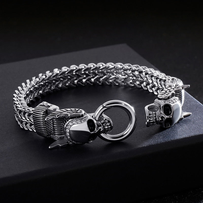 Kalen Gothic Halloween 23cm Chunky Mesh Chain Bracelet For Men Punk Skull Charm Bracelet Stainless Steel Skeleton Accessories J