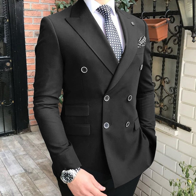 Double Breasted Slim Fit Men Suits for Groomsmen 2 Piece Wedding Tuxedo with Peaked Lapel Gray Male Fashion Costume Jacket Pants
