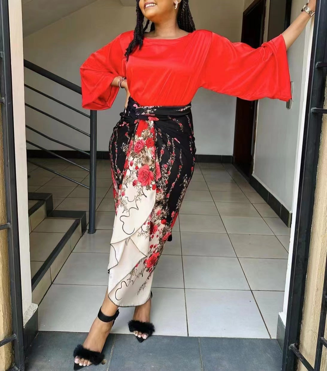African Printed Two Piece Sets Skirt Womens O-neck Loose Flare Sleeve Lace-up Skirt 2 Piece Suit Womens