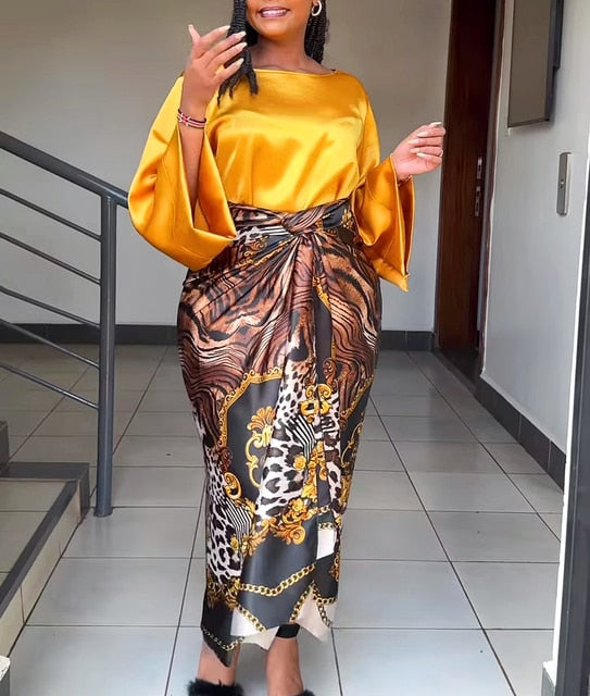 African Printed Two Piece Sets Skirt Womens O-neck Loose Flare Sleeve Lace-up Skirt 2 Piece Suit Womens