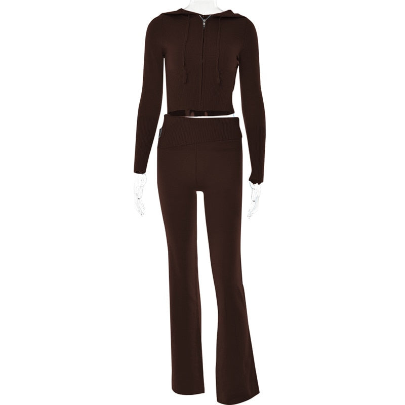 Fantoye Two Piece Sets Women Tracksuit Long Sleeve Zipper Hooded Sweater Skinny Pants Suit Solid Casual Knitted Sweatshirt Set