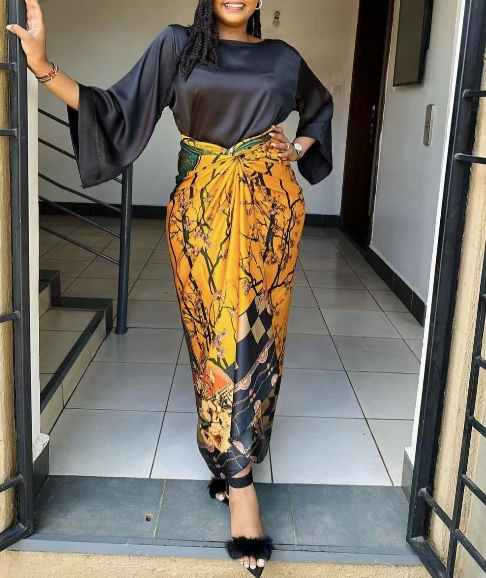 African Printed Two Piece Sets Skirt Womens O-neck Loose Flare Sleeve Lace-up Skirt 2 Piece Suit Womens