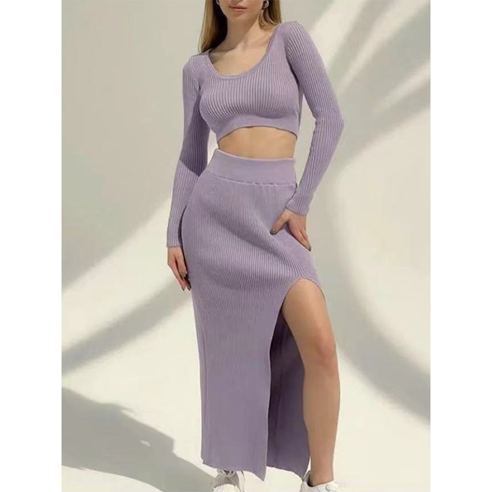 Knitted Winter Women Sexy Sweater Skirt Suit Y2K Fashion Long Sleeve Crop Tops And Long Split Skirt Dress Two Piece Sets