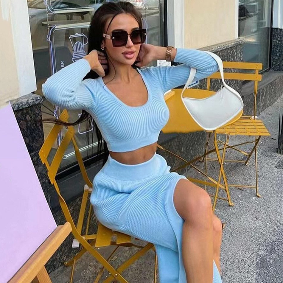 Knitted Winter Women Sexy Sweater Skirt Suit Y2K Fashion Long Sleeve Crop Tops And Long Split Skirt Dress Two Piece Sets