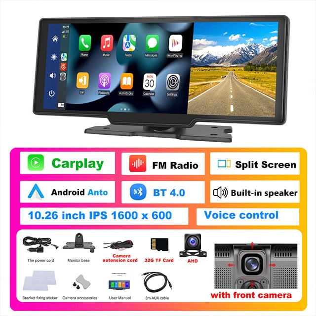 Podofo Car Mirror Video Recording Carplay & Android Auto Wireless Connection GPS Navigation Dashboard DVR AI Voice