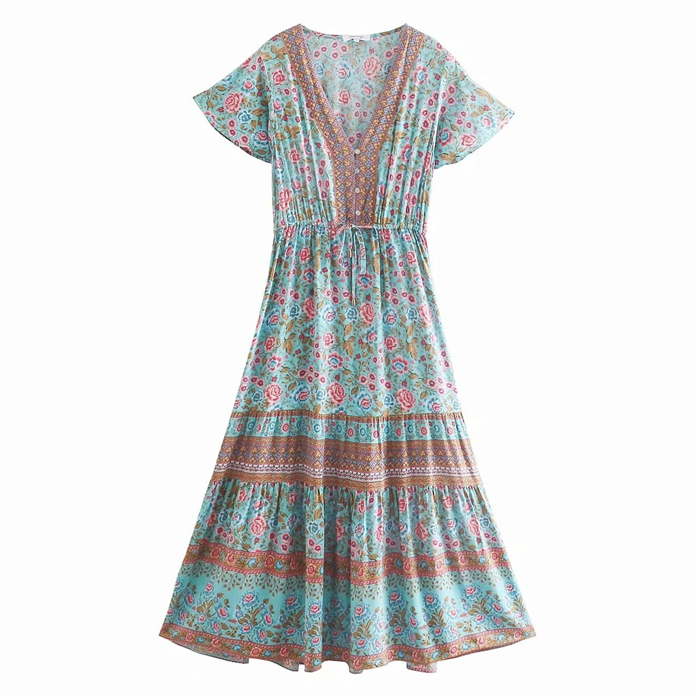 GypsyLady Floral Printed Maxi Dress Vintage Boho Summer Holiday Women Dresses Casual Chic Tie Lace Up Ladies Beach Female Dress