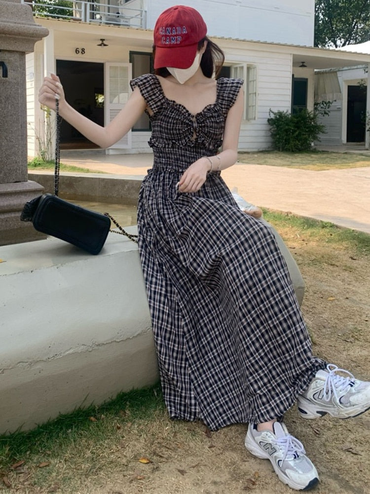 Dresses Women Plaid Creativity Personality Simple Ladies Korean Style Comfortable All-match Elegant Temperament Summer Vacation