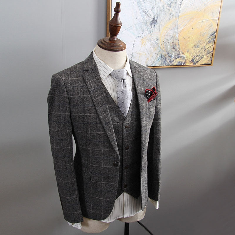 British Style Suit Men 3 Piece Suit Plaid Blazer Trend Groom Wedding Suits Tuxedo Business Formal Dress Suit Men's Smoking Uomo