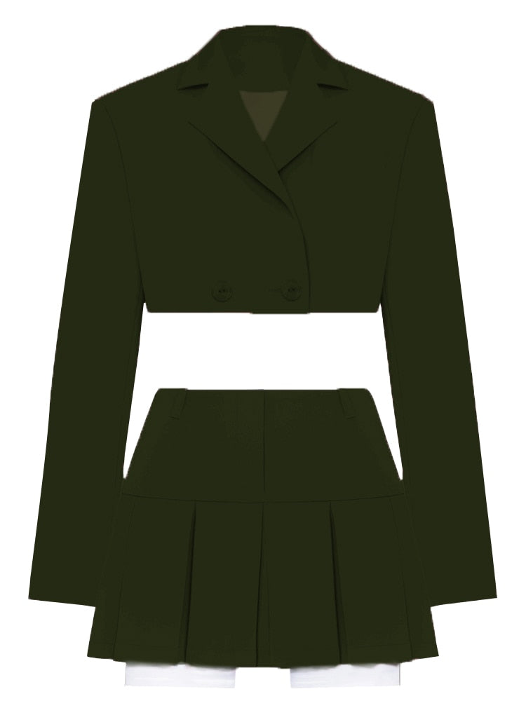 Taruxy 2022 Fall Women Blazer Suit Two Piece Sets Turn-down Collar Blazers Tops And Pleated Skirts Femme High Street Y2K Outfits