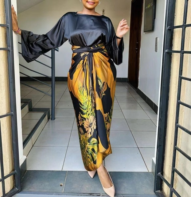 African Printed Two Piece Sets Skirt Womens O-neck Loose Flare Sleeve Lace-up Skirt 2 Piece Suit Womens