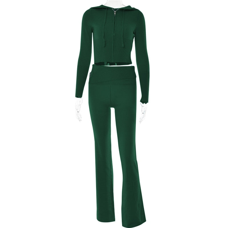 Fantoye Two Piece Sets Women Tracksuit Long Sleeve Zipper Hooded Sweater Skinny Pants Suit Solid Casual Knitted Sweatshirt Set