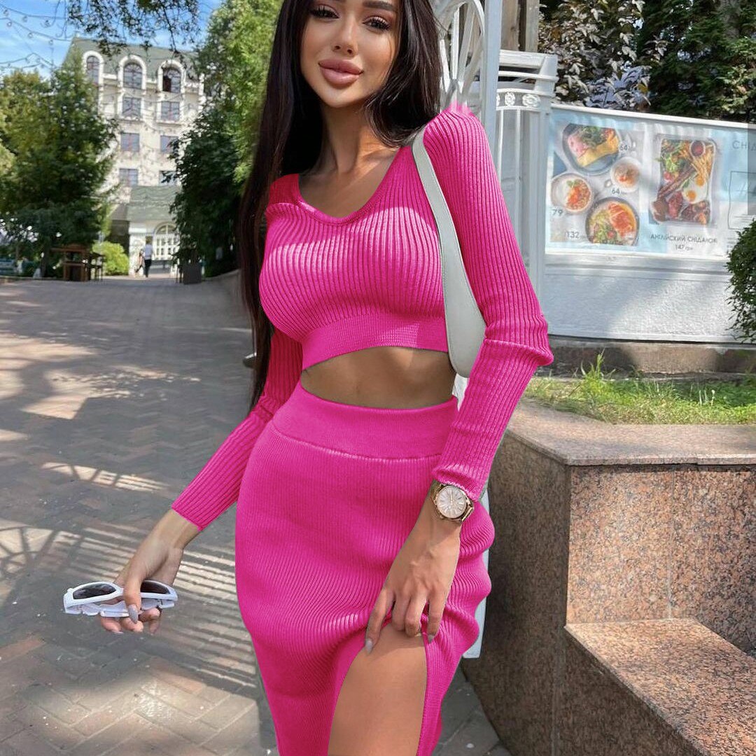Knitted Winter Women Sexy Sweater Skirt Suit Y2K Fashion Long Sleeve Crop Tops And Long Split Skirt Dress Two Piece Sets