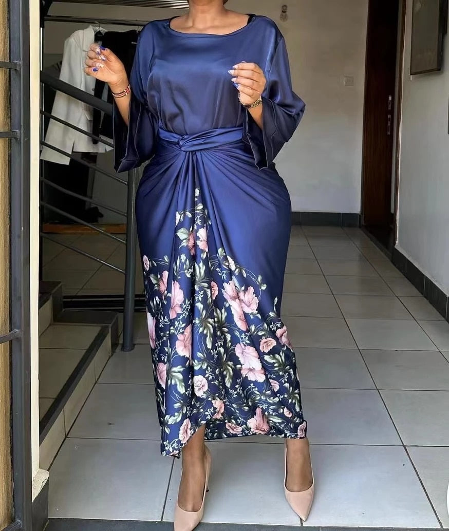 African Printed Two Piece Sets Skirt Womens O-neck Loose Flare Sleeve Lace-up Skirt 2 Piece Suit Womens