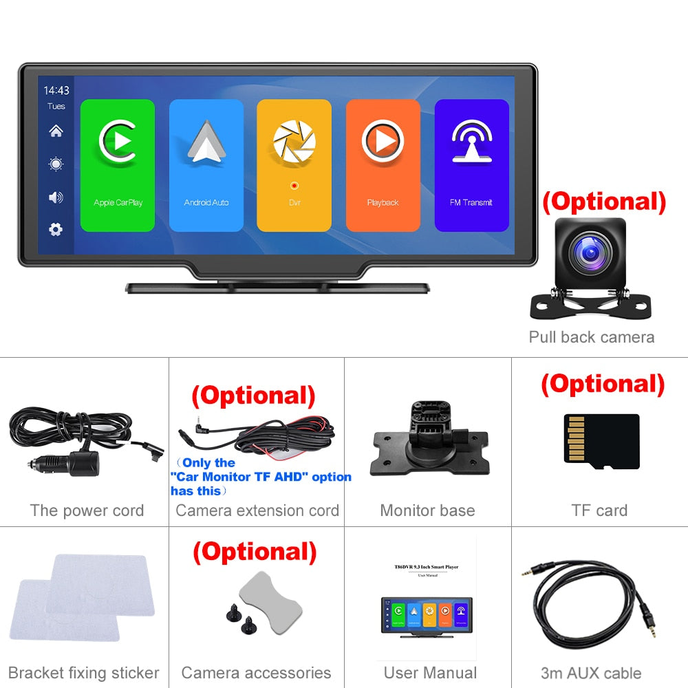 Podofo Car Mirror Video Recording Carplay & Android Auto Wireless Connection GPS Navigation Dashboard DVR AI Voice