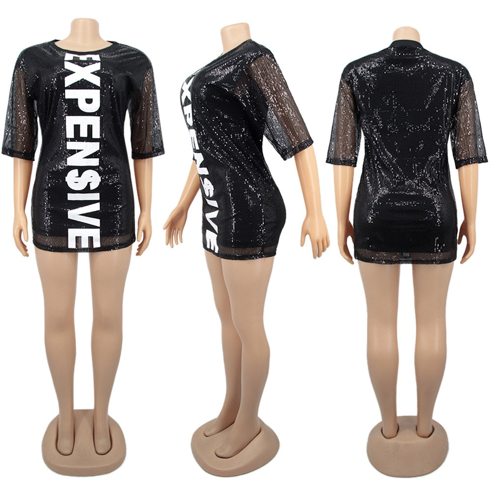 Sparkly Sequined Patchwork Sexy Bandage Dresses Woman Expensive Letter Print Party Club Dress Hip Hop Solid T-Shirt Vestidos