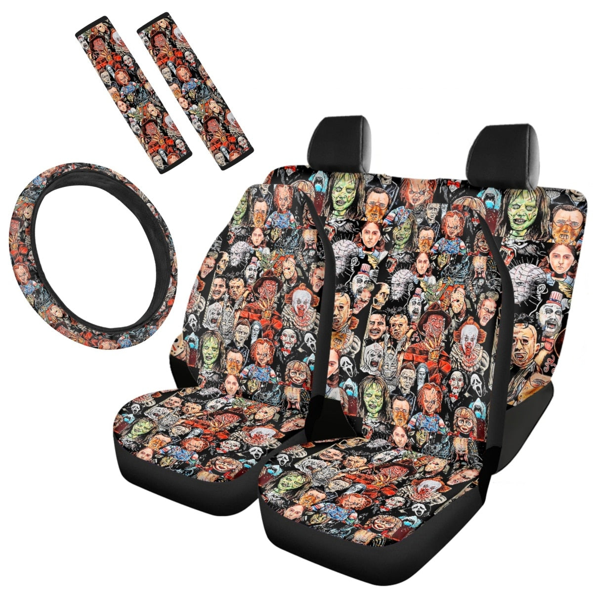 Horror Movie Killer Print Car Cushion Cover Seat Belt Cover Non-Slip Steering Wheel Cover Full Set Car Seat Halloween Decoration