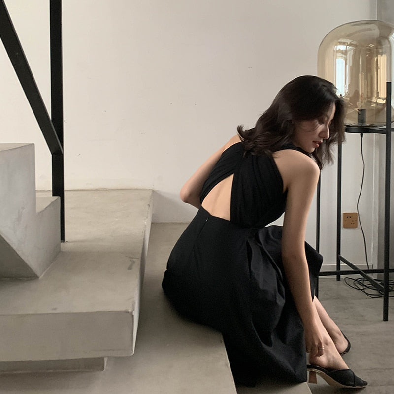 Women Summer Sexy Dress Elegant Hepburn Style Black Sleeveless Back Cross Midi A Line Party Dresses 2023New Fashion Vestidos
