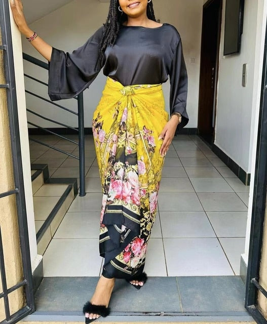 African Printed Two Piece Sets Skirt Womens O-neck Loose Flare Sleeve Lace-up Skirt 2 Piece Suit Womens