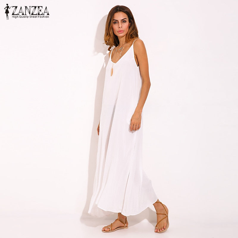 Vestidos 2023 Summer ZANZEA Women Strapless Sexy V Neck Sleeveless Dress Casual Loose Long Maxi Solid Dress White Oversized