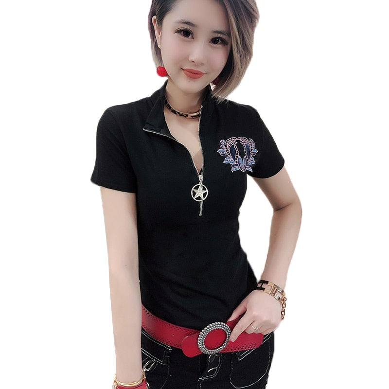 Polo Shirt Women Summer Short Sleeve Appliques Embroidery Cotton Slim Zipper Top t-shirt Clothes Camiseta Mujer T93728