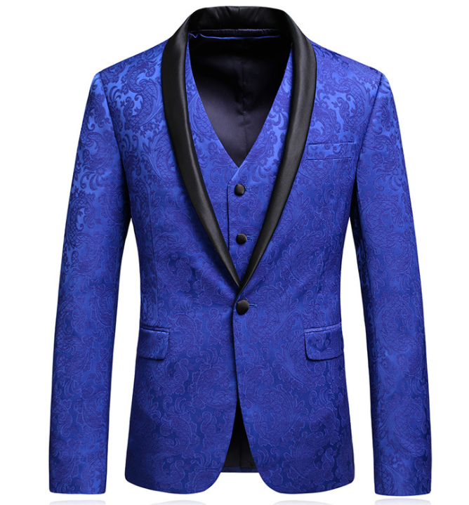 High-end Suit Jacquard Navy Blue Green Fruit Collar Men's Suit Three-piece Banquet Groom Dress
