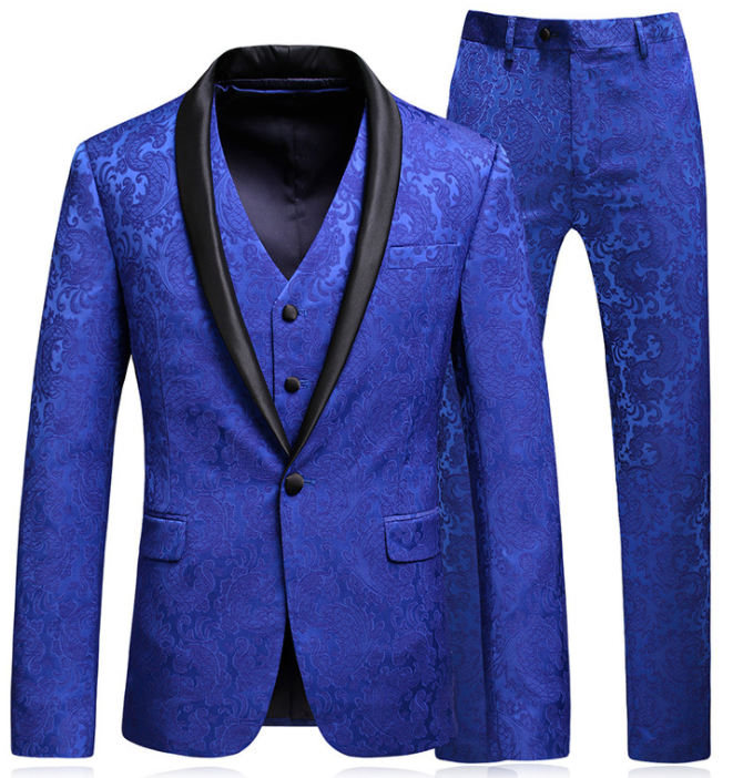 High-end Suit Jacquard Navy Blue Green Fruit Collar Men's Suit Three-piece Banquet Groom Dress