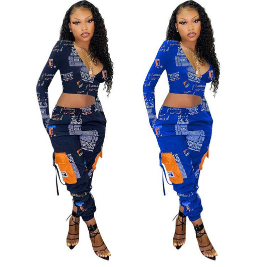 Two-Piece Black And Blue Two-Piece Suit With Printed Sexy Big Pockets And English Letters