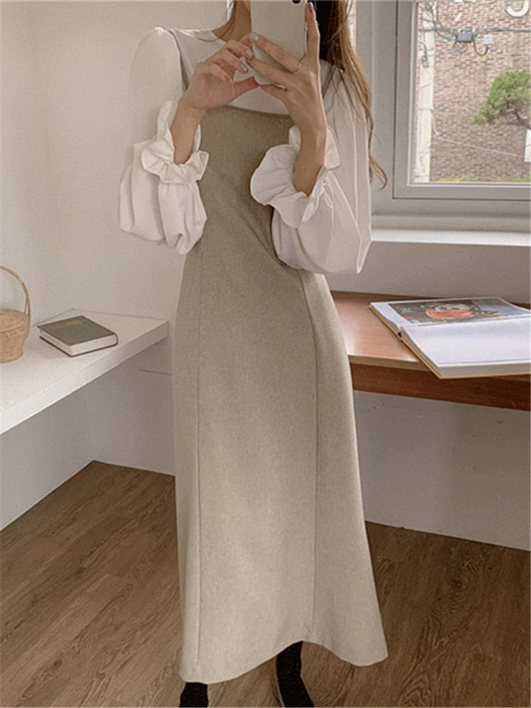 New 2022 Blouses Sleeveless Dresses Fashionable Elegant Vintage Lace Up Autumn Winter Women's Sets 2 Pieces Long Suits WS3270