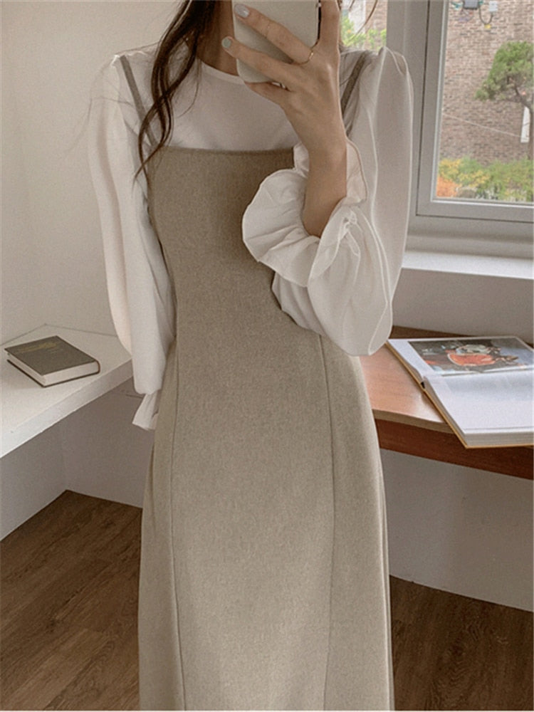 New 2022 Blouses Sleeveless Dresses Fashionable Elegant Vintage Lace Up Autumn Winter Women's Sets 2 Pieces Long Suits WS3270