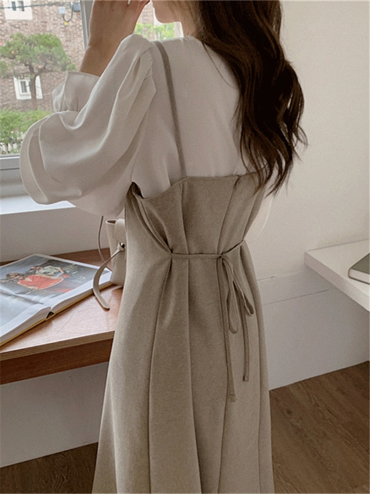 New 2022 Blouses Sleeveless Dresses Fashionable Elegant Vintage Lace Up Autumn Winter Women's Sets 2 Pieces Long Suits WS3270